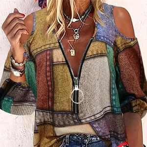Patchwork Pattern Cold Shoulder Half Zip Blouse (Color: Multicolor)